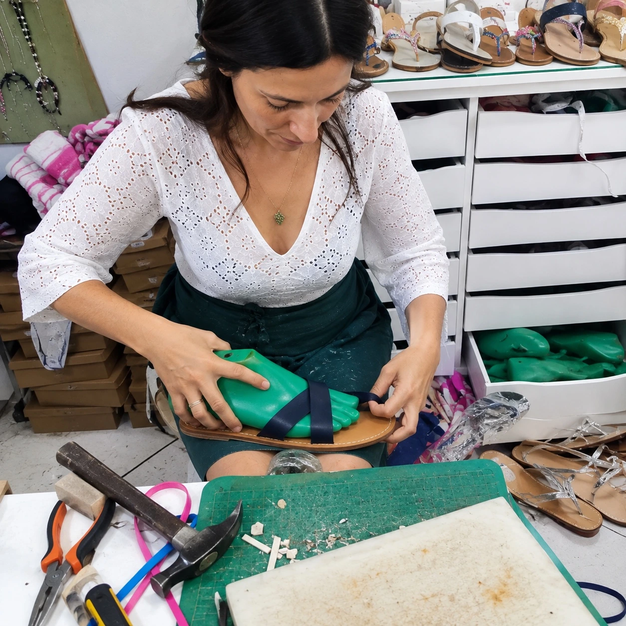 A sandal maker fitting navy leather straps around a green foot form in her Ischia workshop
