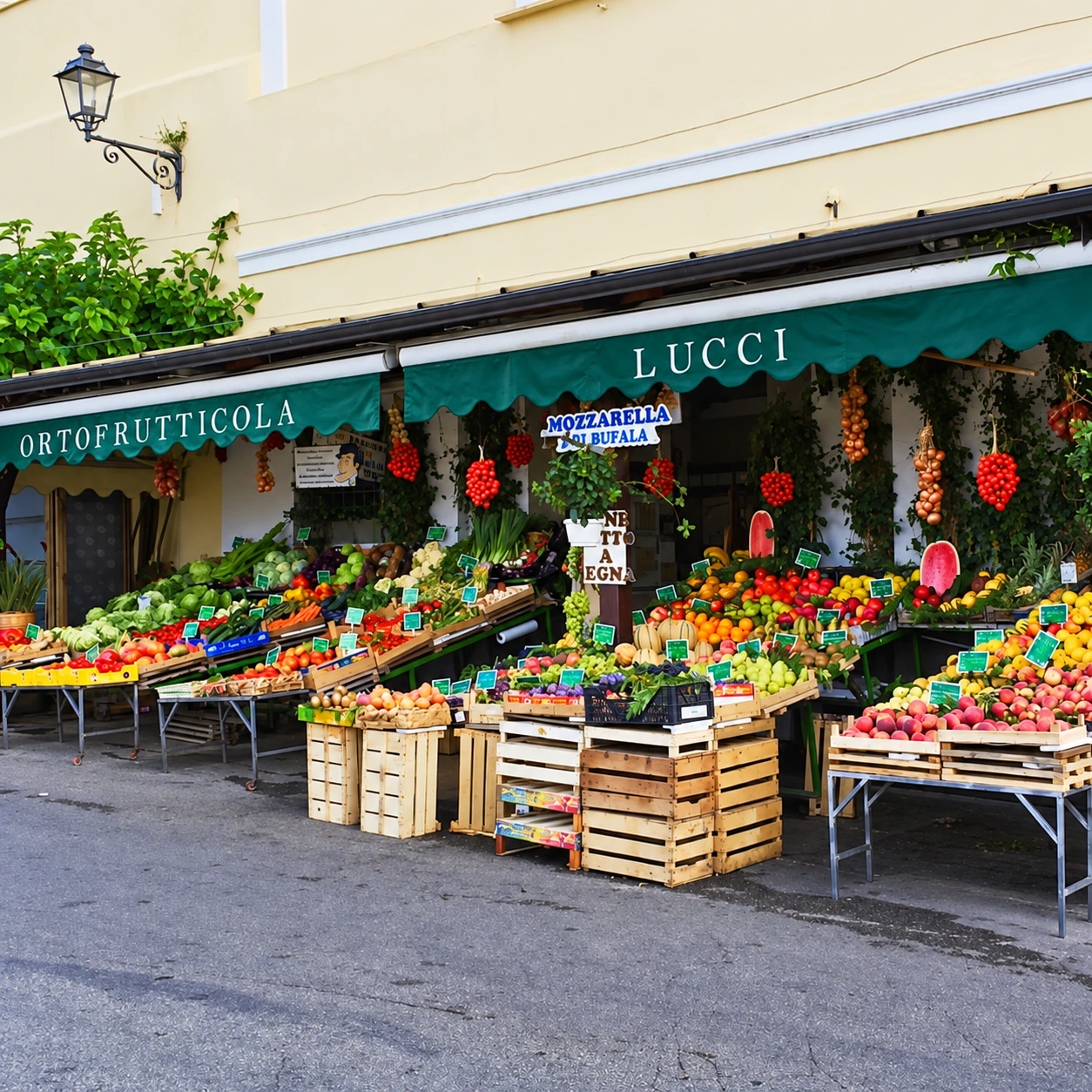 Crates of fresh fruit and vegetables outside an Italian produce shop beneath green awnings