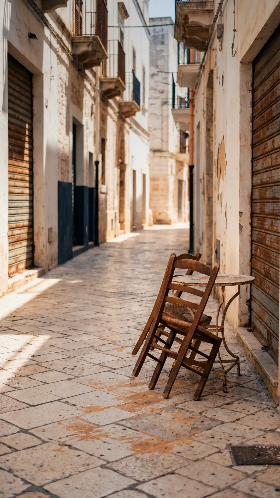 A quiet sunlit stone lane with closed shutters and wooden chairs beside a small table