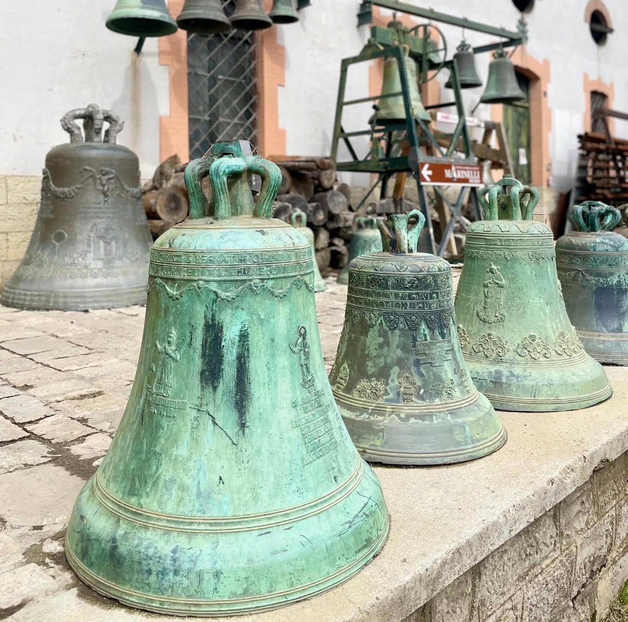 Patinated bronze bells outside the Marinelli foundry in Agnone